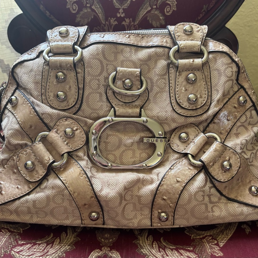 Guess Tan Satchel with Decorative Stitching and Rounded Handles
